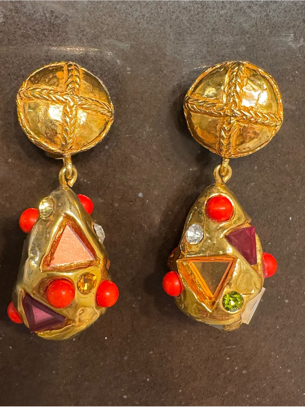 Vintage Massive Gold Tone Mirrored Dangling Earrings Christian Lacroix